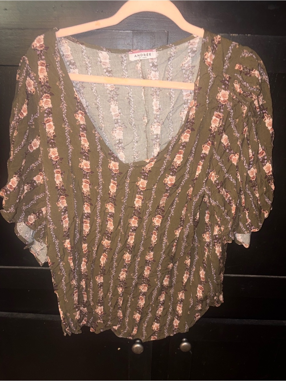 Andree Olive Floral Scoop Neck Women's Blouse 2x